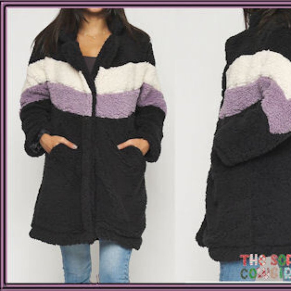 SHERPA TEDDY COAT FRONT POCKET COLOR BLOCK COAT NIP